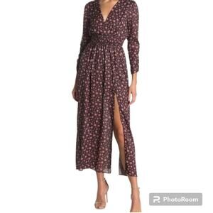 NSR Ditsy Floral Shirred Sleeve Maxi Dress Sz L Dark Romantic Prairie Fall